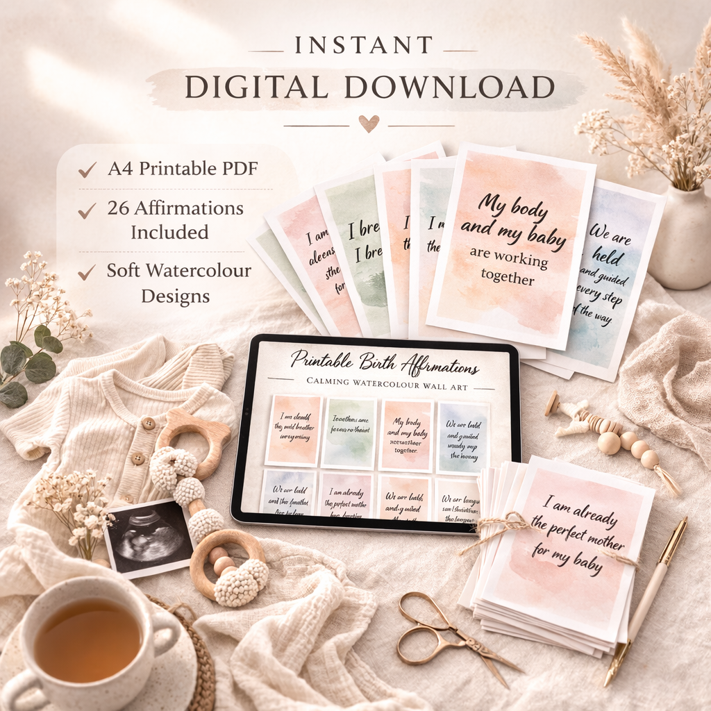 Printable Birth Affirmations (A4) – Calming Watercolour Wall Art | Set of 26